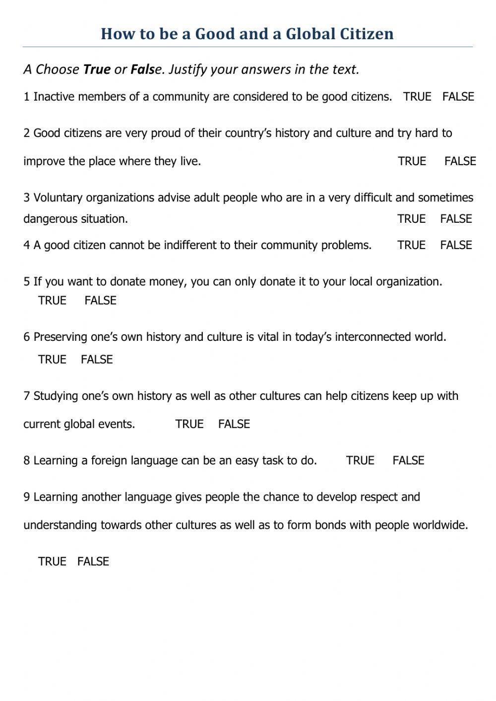 UNIT 6 How to be a good and a global citizen TRUE OR FALSE