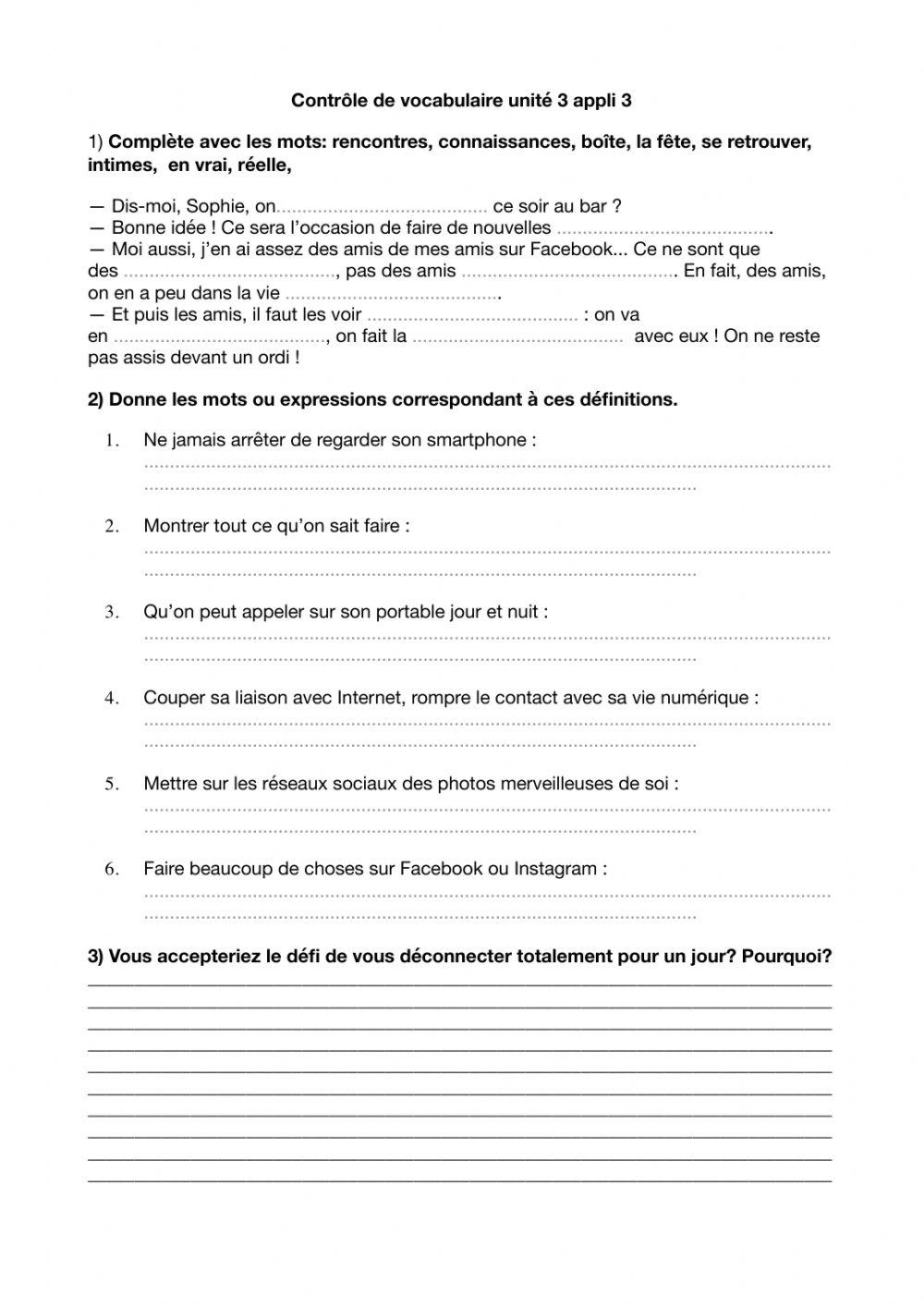 Contrôle de vocabulaire unité 3