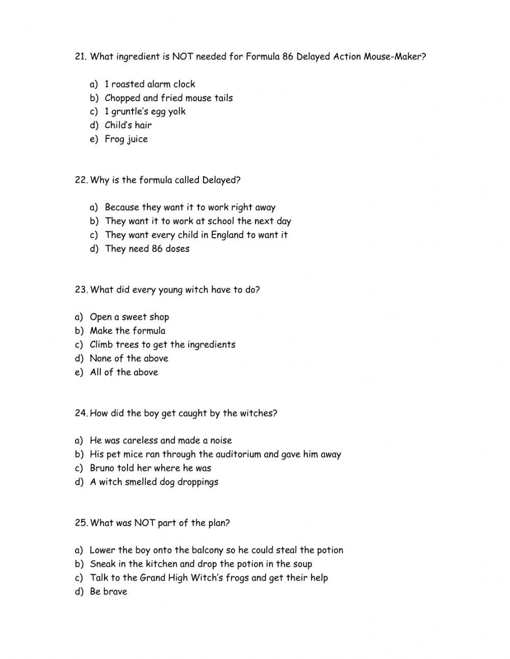 The Witches multiple choice test