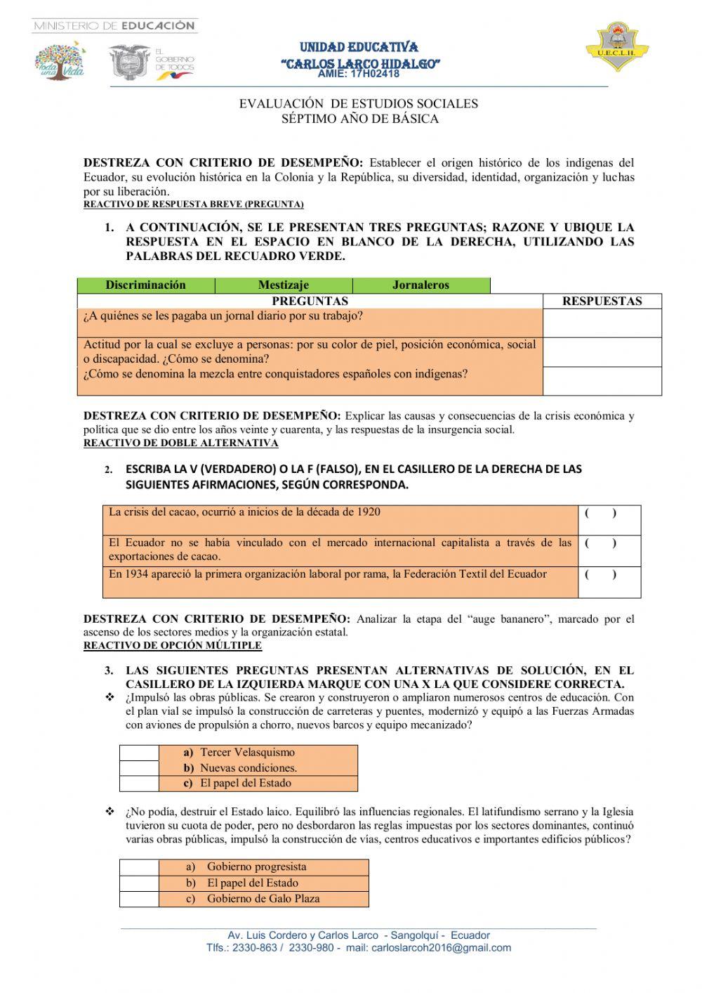 Evaluación de ubicación estudios sociales 7mo año de egb