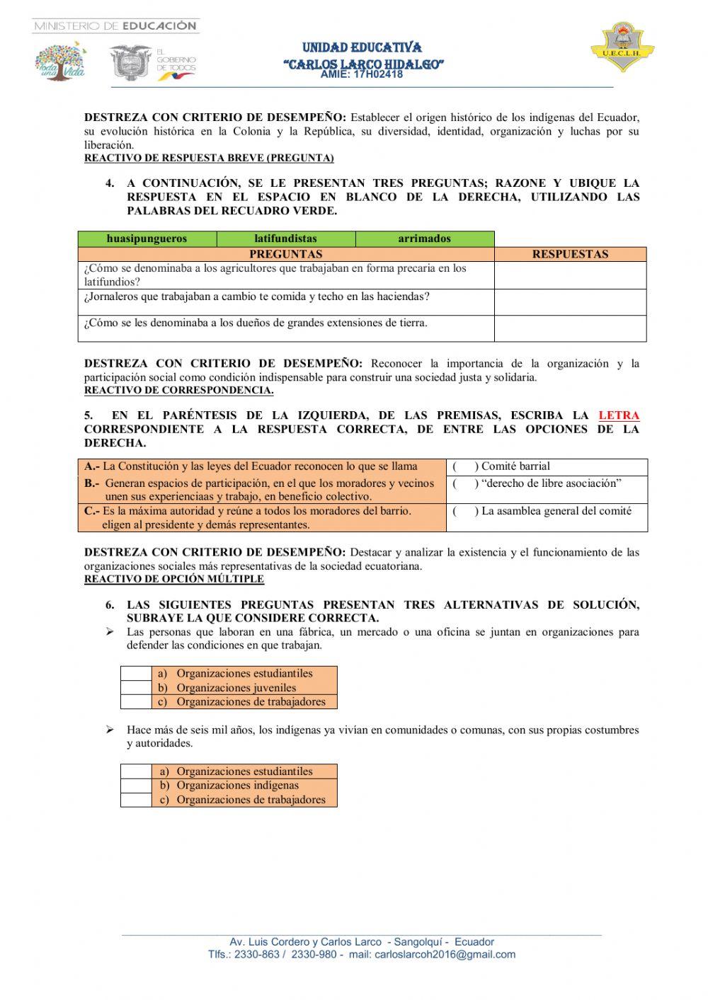 Evaluación de ubicación estudios sociales 7mo año de egb