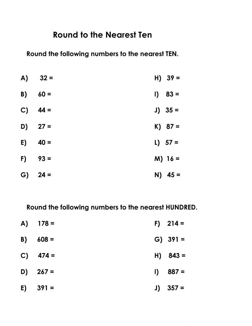 Round to the Nearest Ten Worksheet