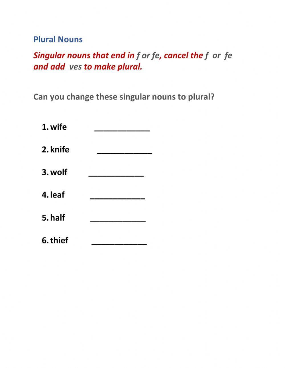 Singular and Plural Nous- Adding ves