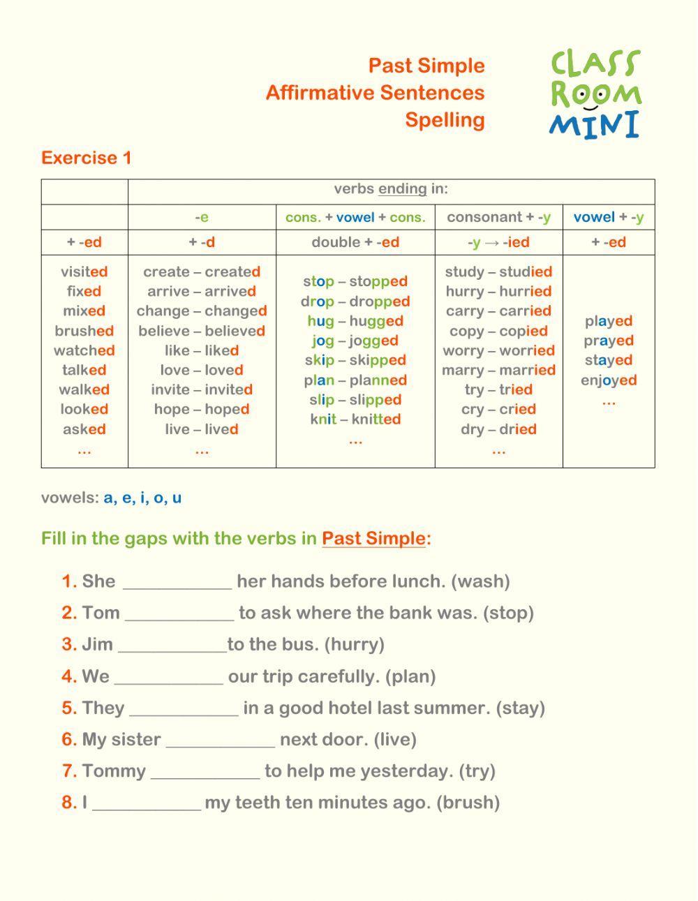 Past Simple. Affirmative sentences. Regular verbs. Spelling