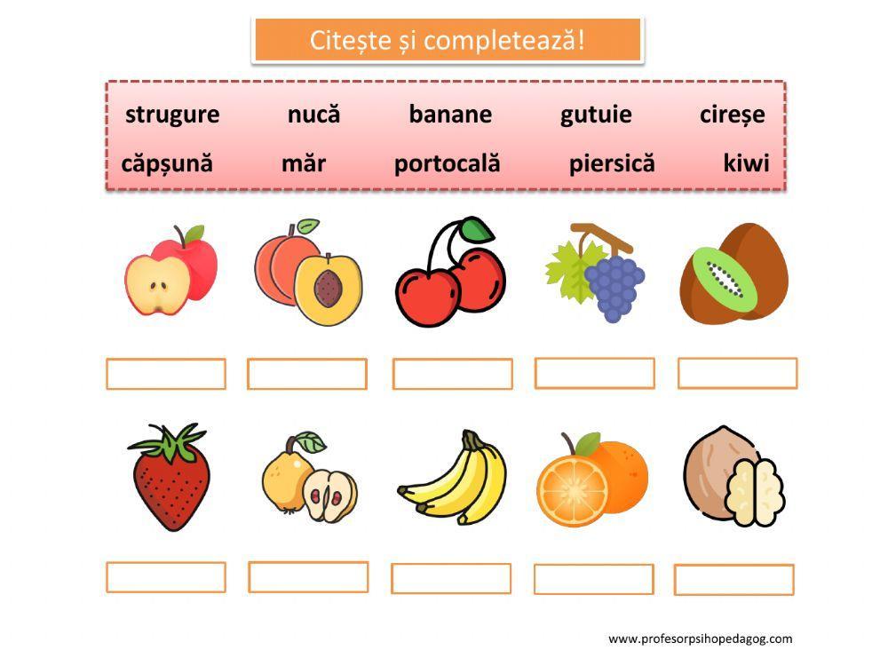 Citește și completează! (Fructe)