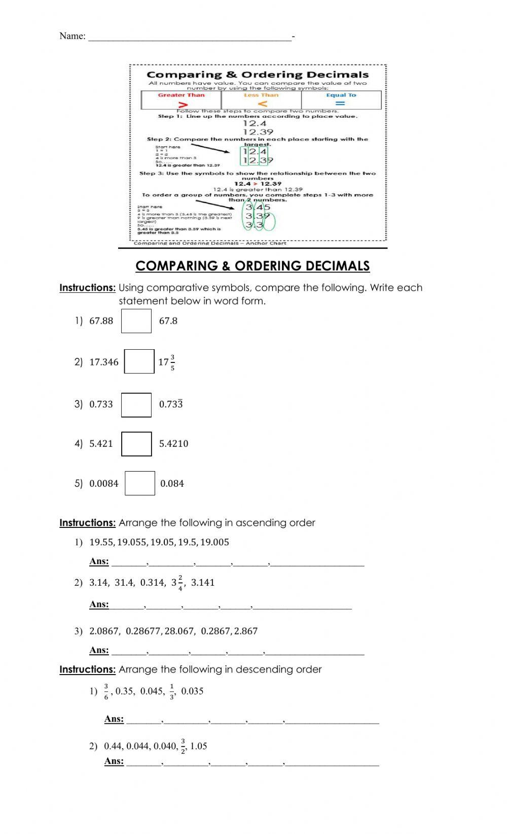 Ordering and comparing fractions and Decimal