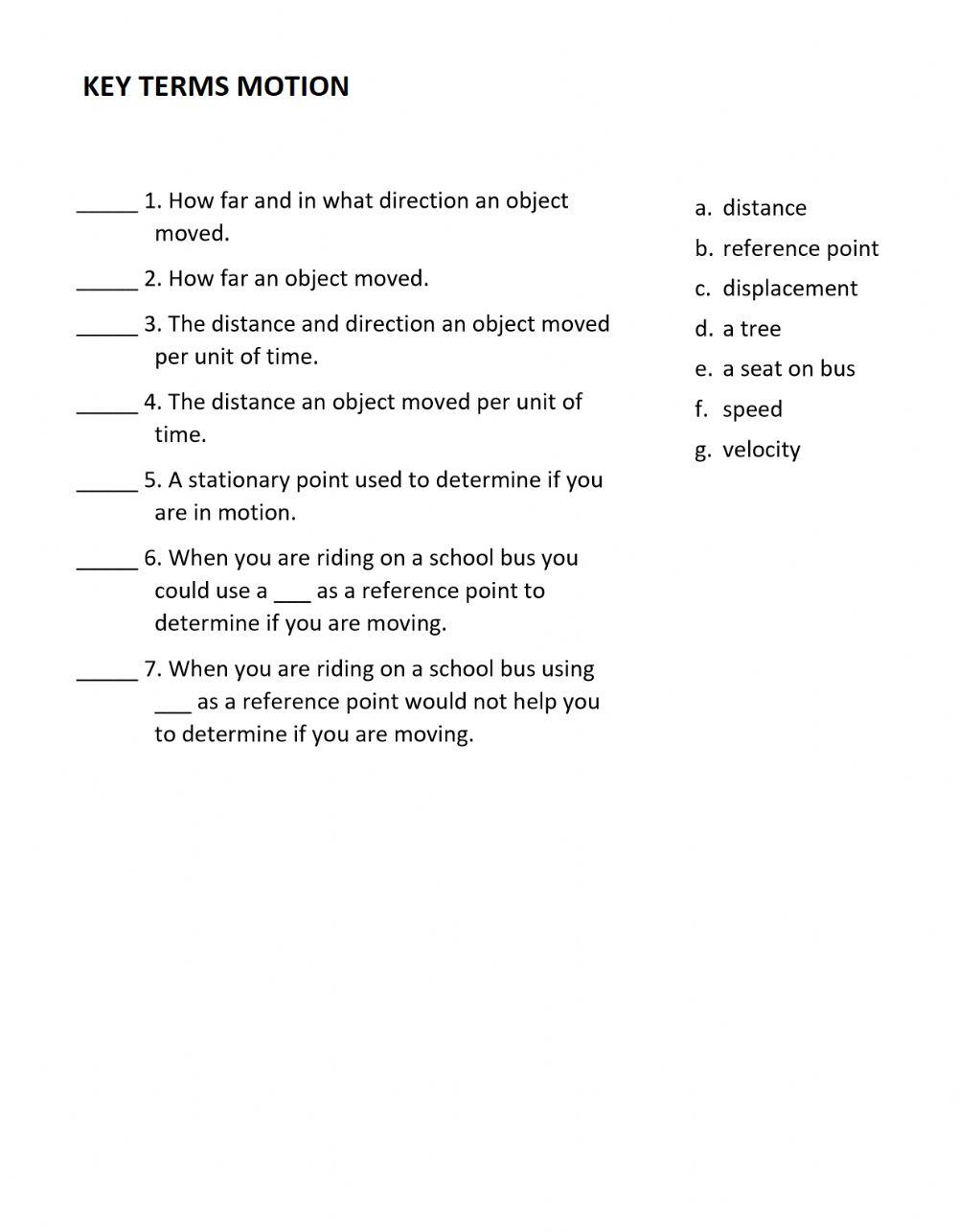 PS 09 Key Terms Motion worksheet Live Worksheets