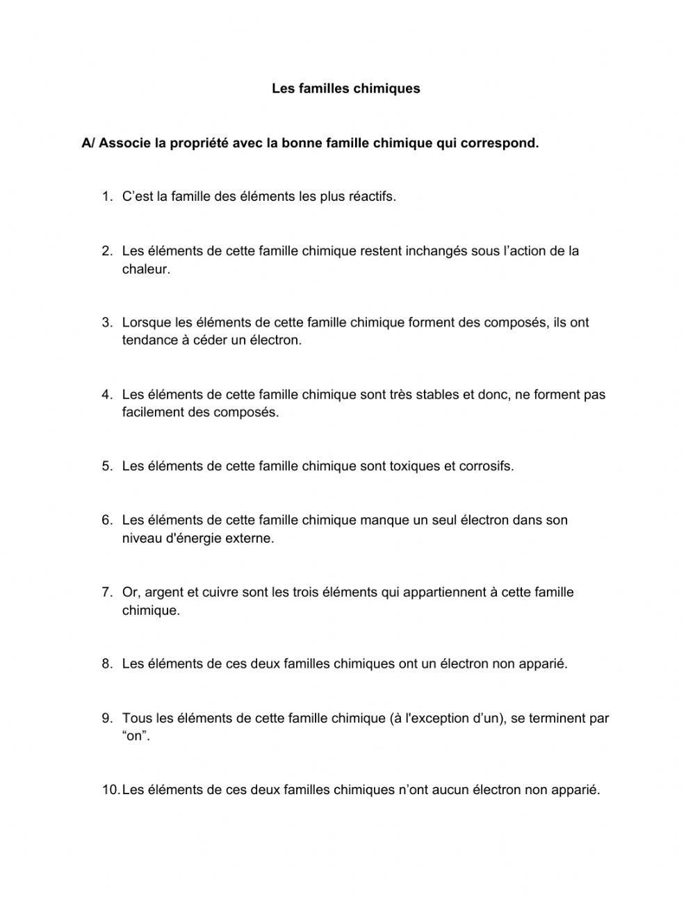 Les familles chimiques