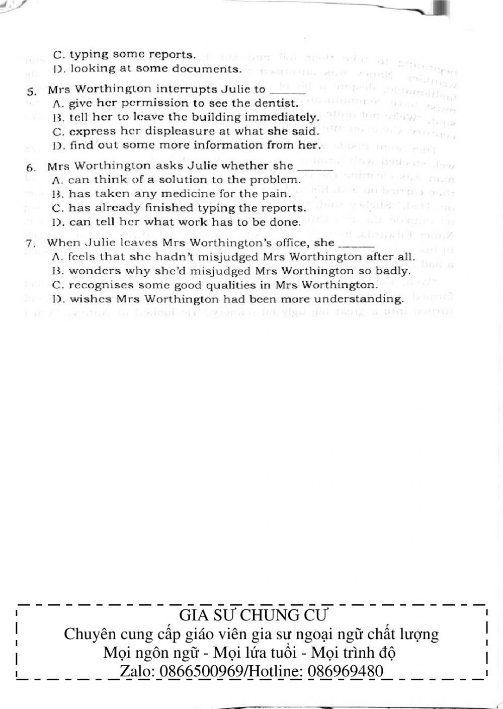 Trắc nghiệm Kỹ năng đọc hiểu Tiếng Anh số 26