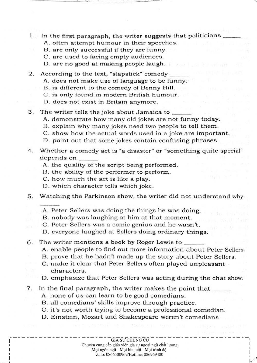 Trắc nghiệm Kỹ năng đọc hiểu Tiếng Anh số 28