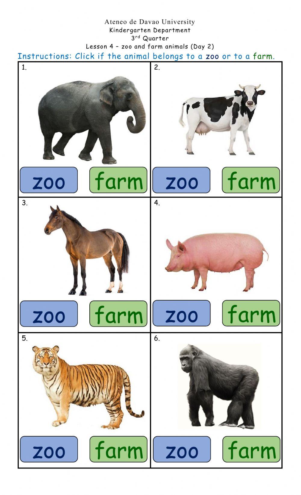 Lesson 4 day 2 zoo and farm animals worksheet live worksheets