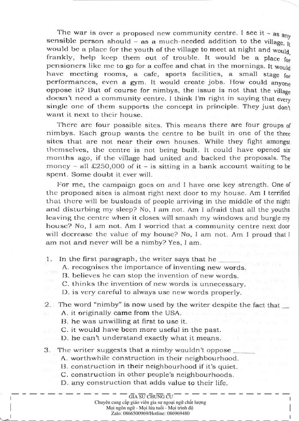 Trắc nghiệm Kỹ năng đọc hiểu Tiếng Anh số 29