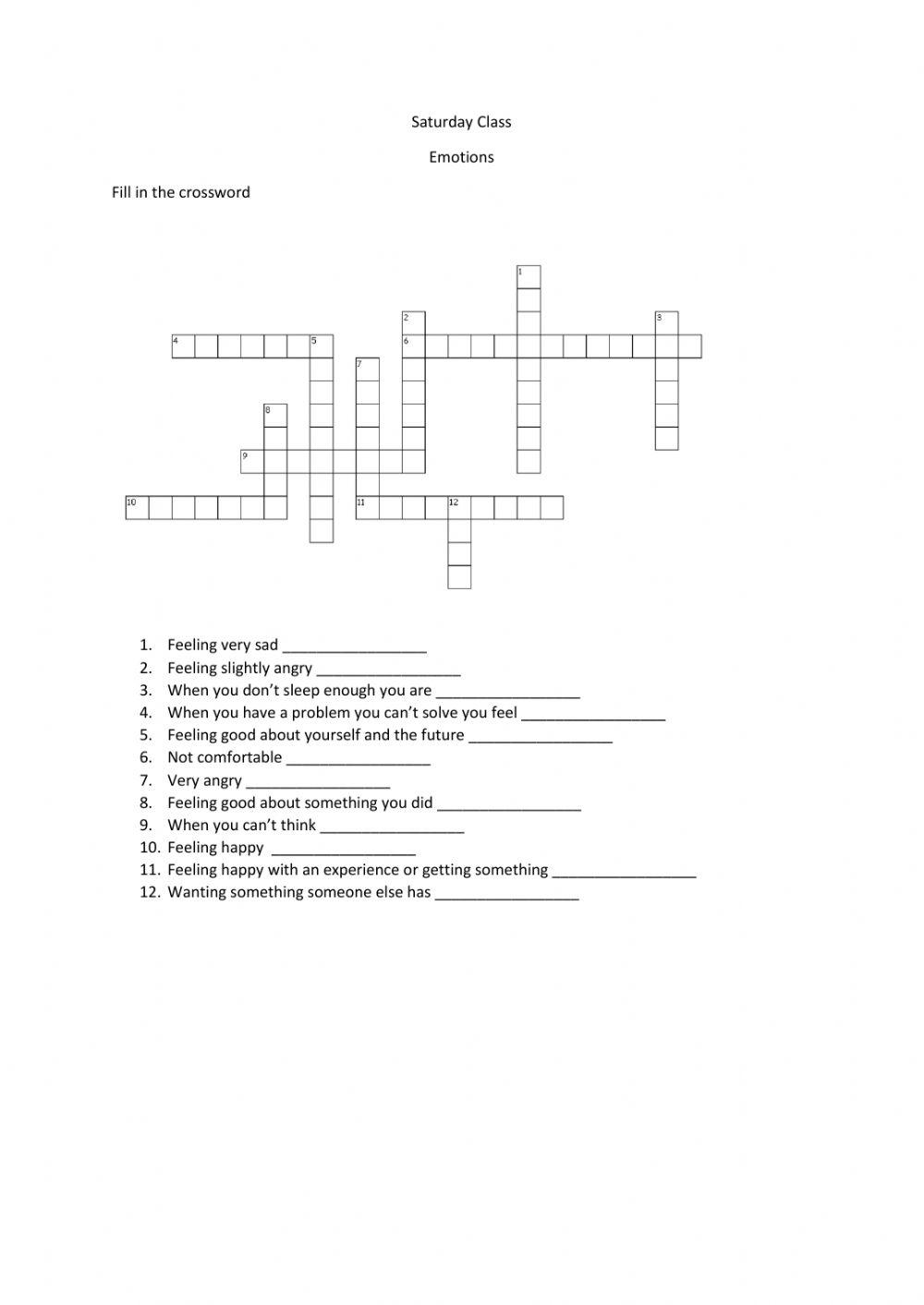 Emotions crossword worksheet Live Worksheets