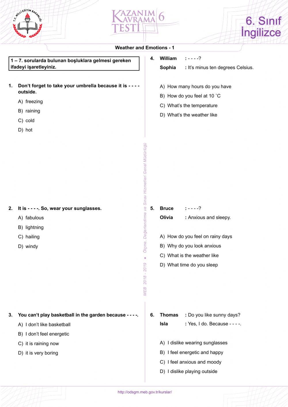 Grade 6- Kazanım testi-6