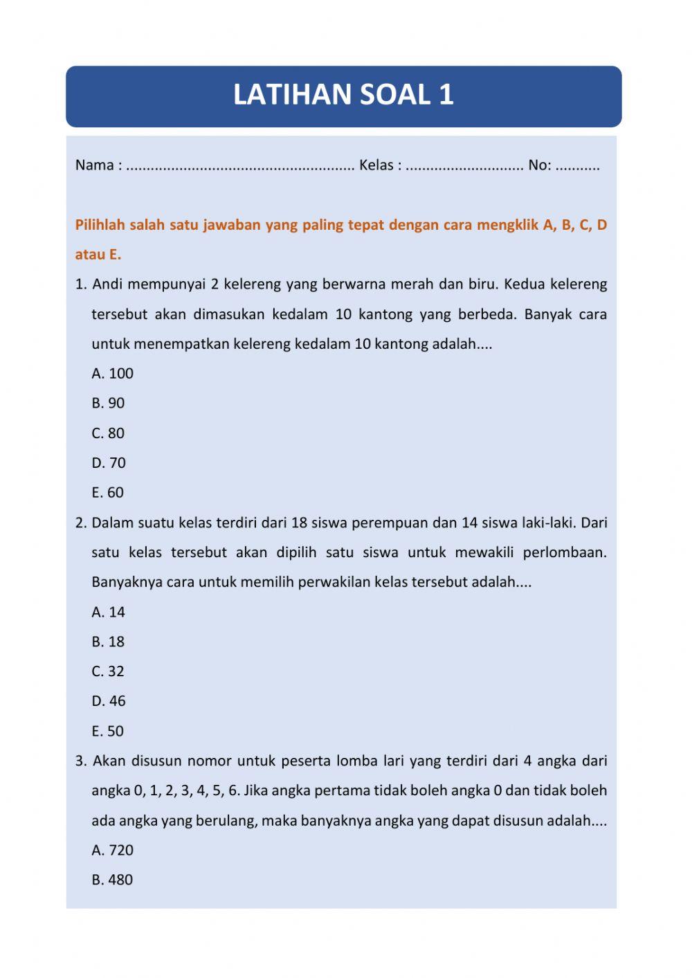 Latihan Soal 1 Kaidah Pencacahan