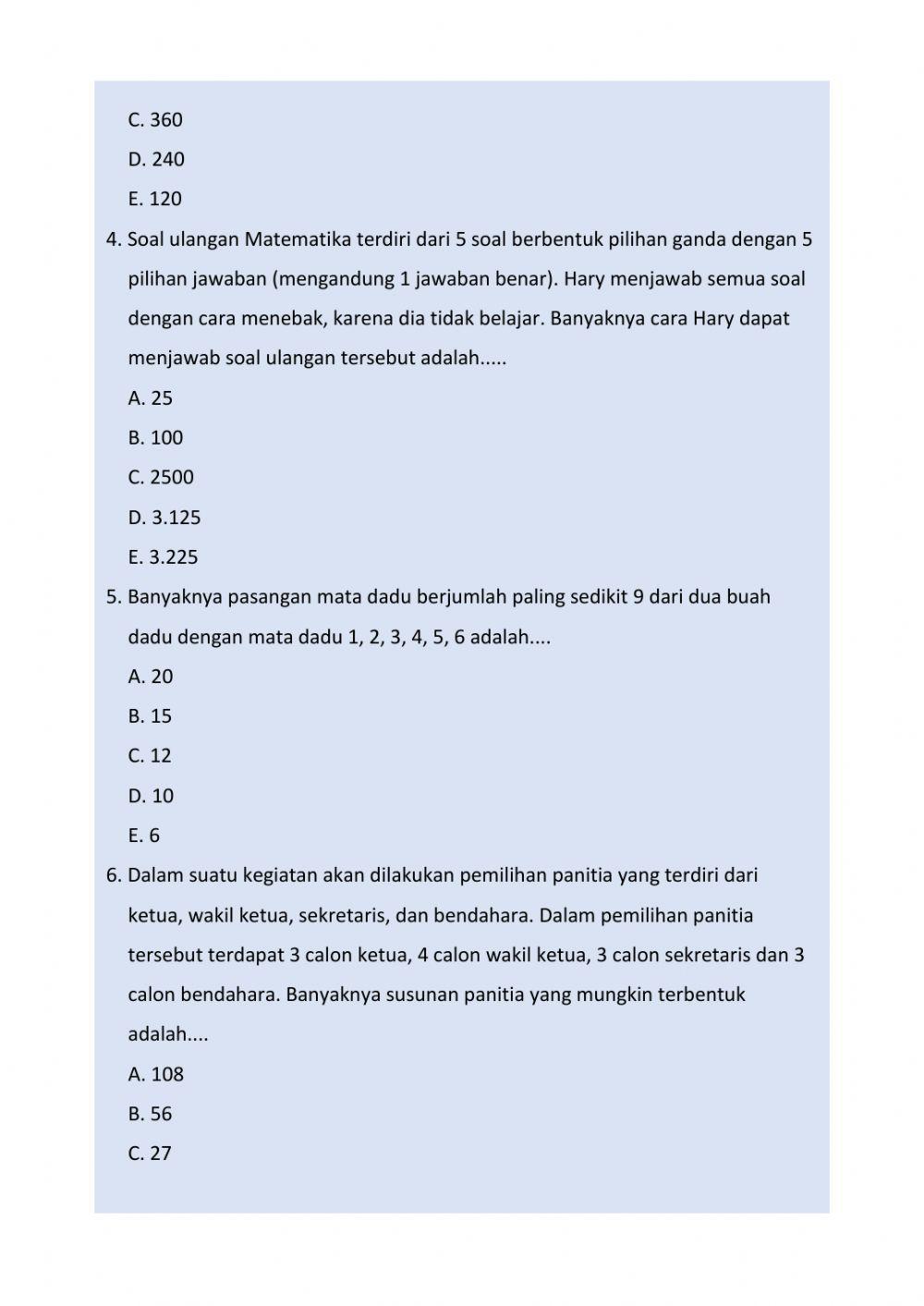 Latihan Soal 1 Kaidah Pencacahan