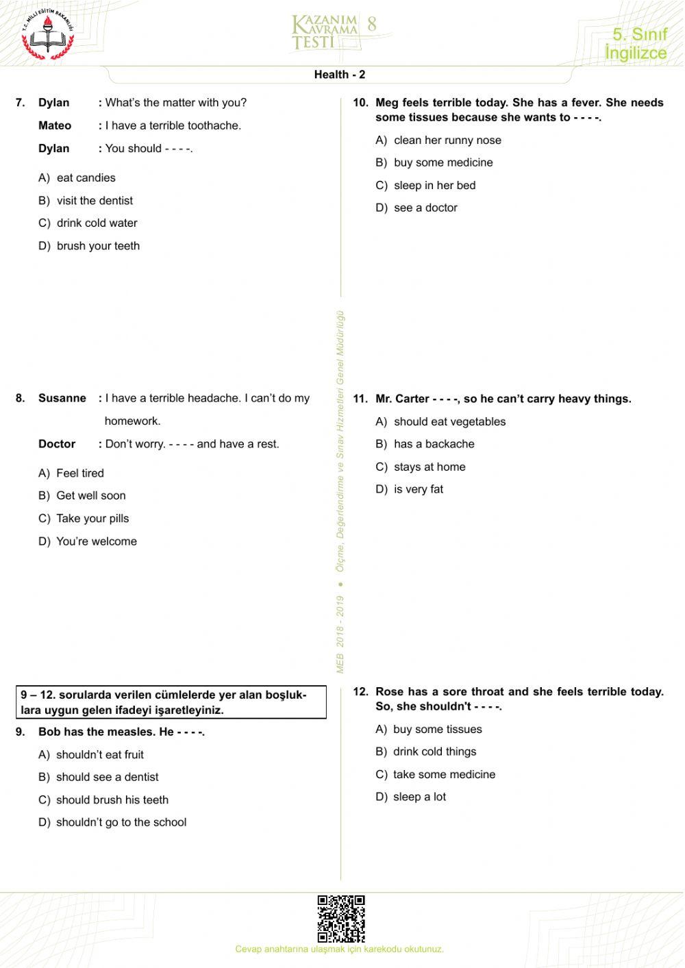 Grade 5-Helath kazanım testi-2