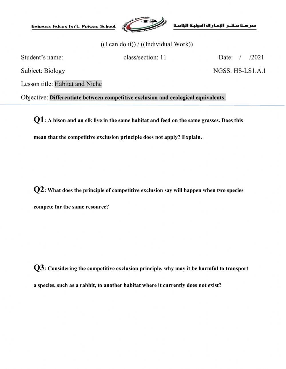 Habitat and Niche online exercise for Live Worksheets