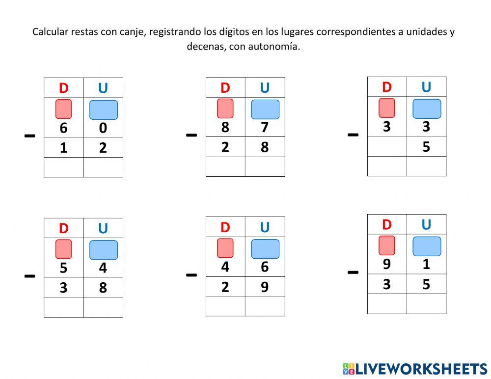 Ejercicios y problema de restas con canje