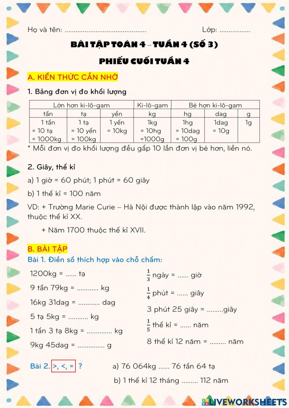 Phiếu cuối tuần 4