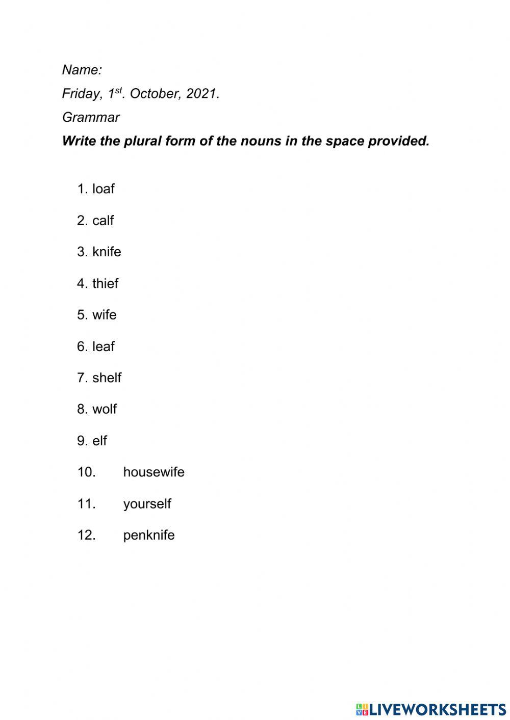 Plural nouns - Word ending 'f' and 'fe'