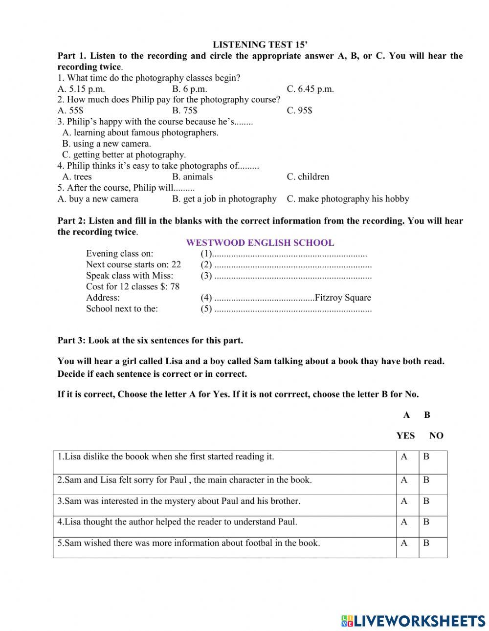 Listening level a2 worksheet | Live Worksheets