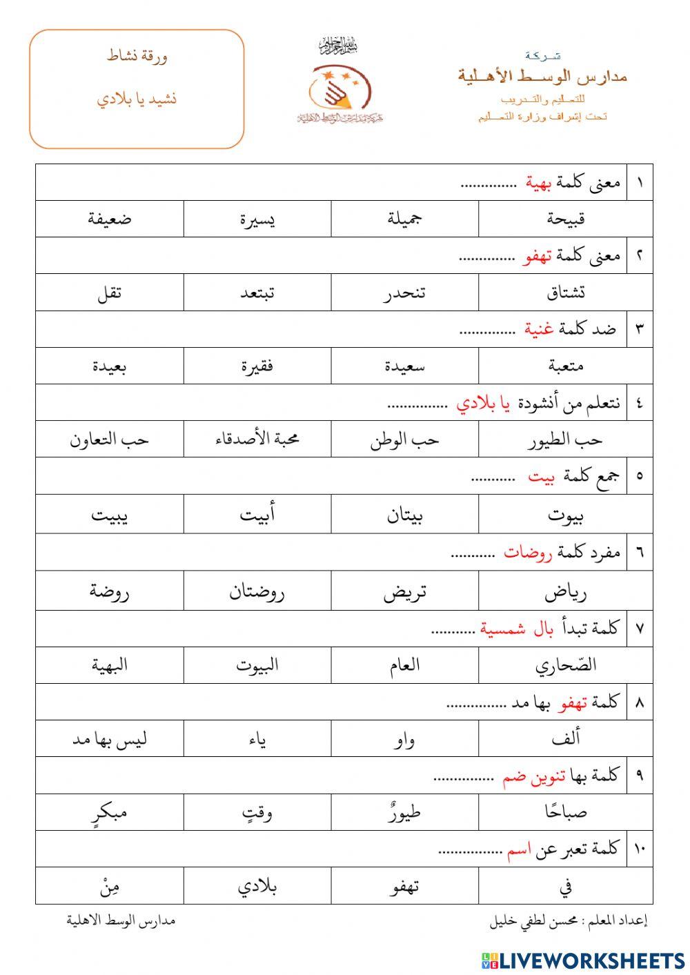 ورقة نشاط  نشيد يا بلادي