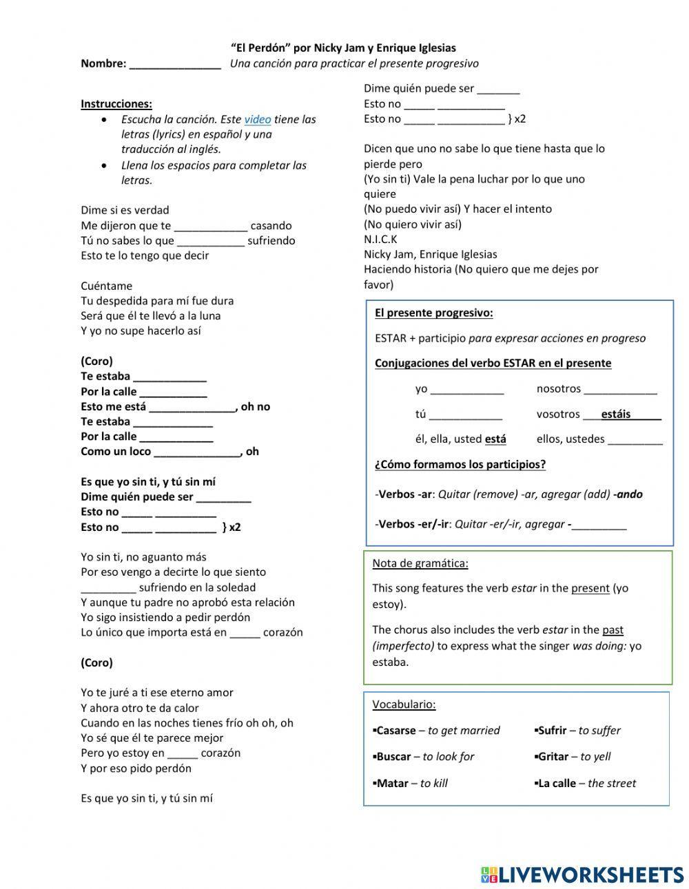 -El perdón- Song Activity: Presente Progresivo