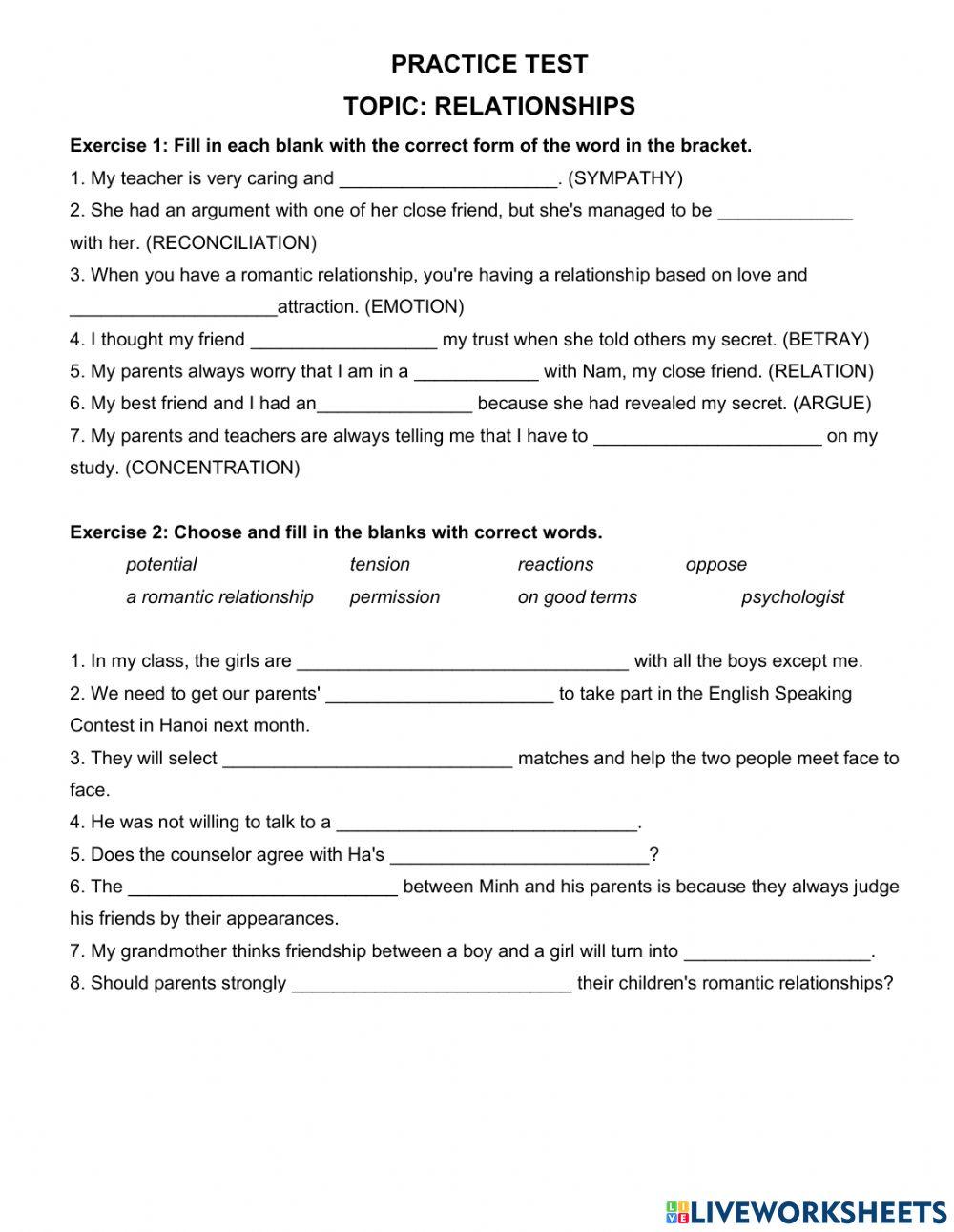 GRADE 11- VOCABULARY- Topic: Relationships
