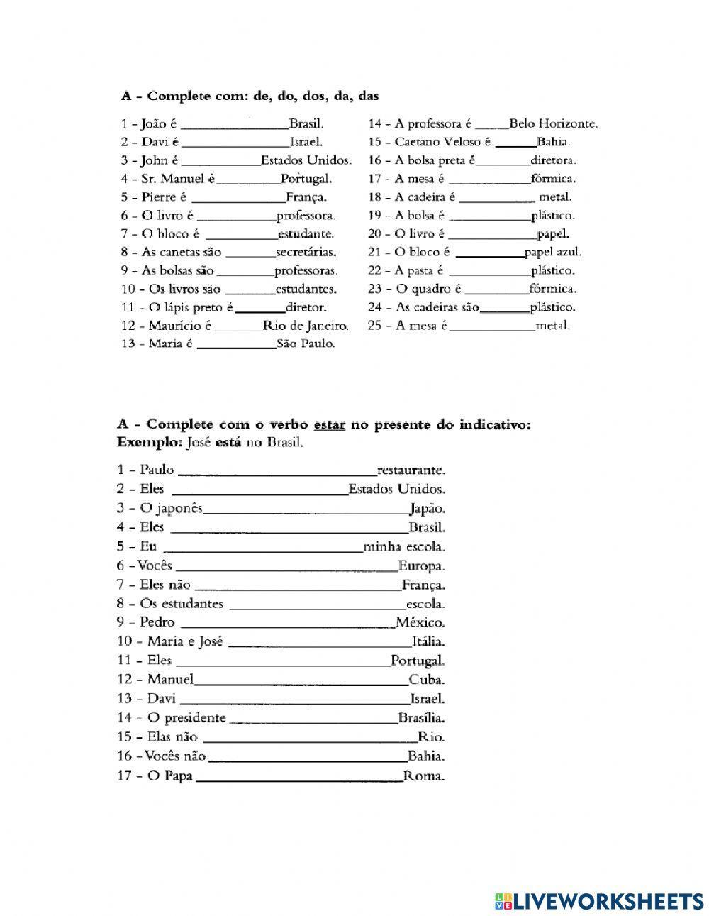 Prática de contrações e preposições