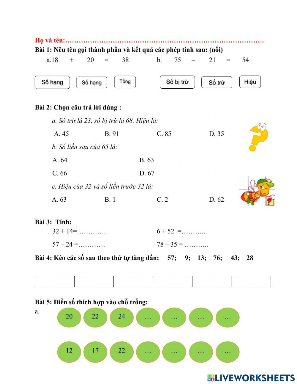 Ôn Toán lớp 2 tuần 2