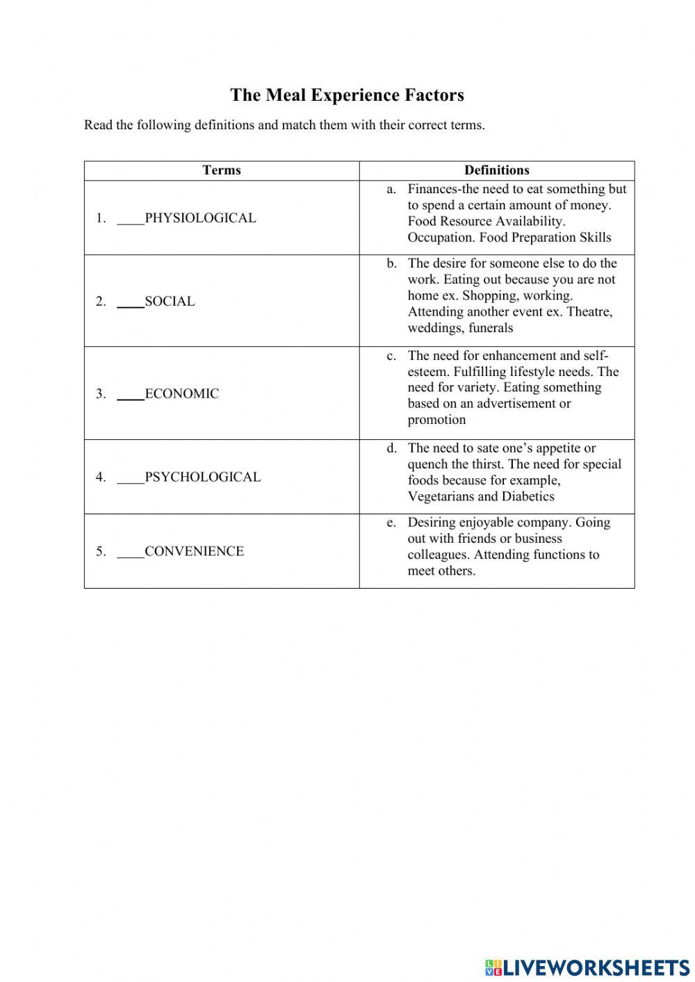 The Meal Experience Factors