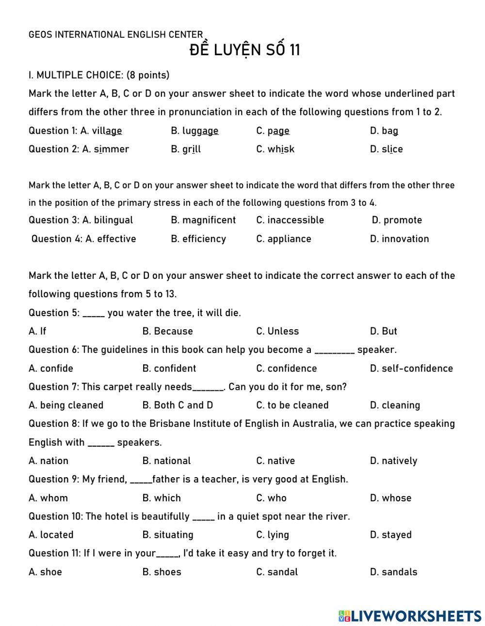 Đề luyện thi vào 10 số 11