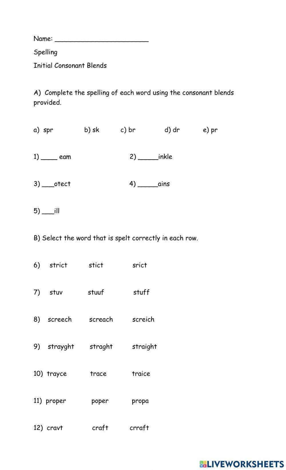 Consonant Blends worksheet for 3-4 | Live Worksheets