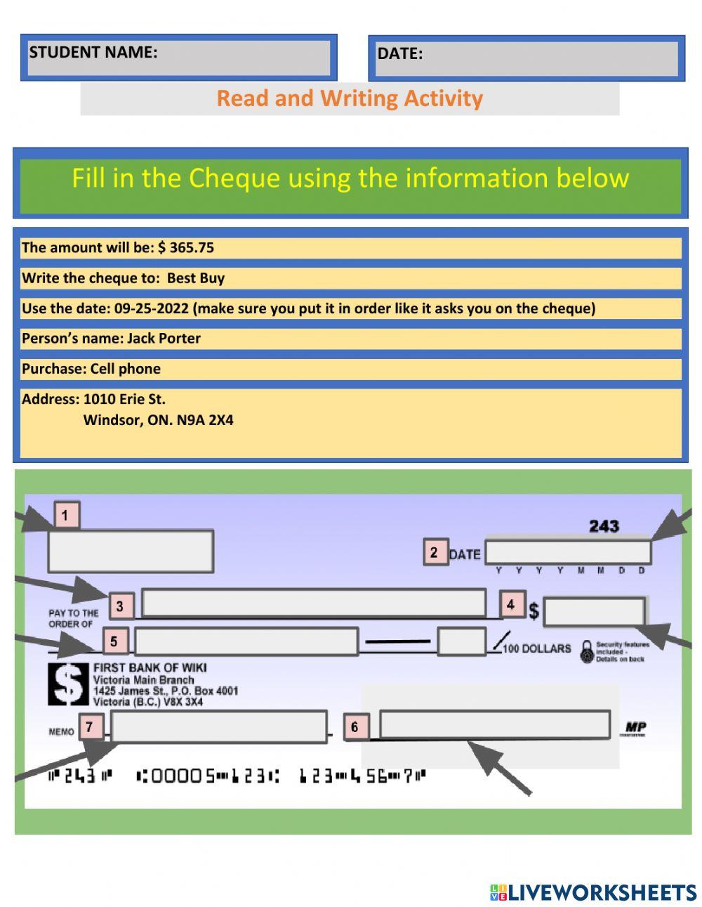 Filling out a Cheque