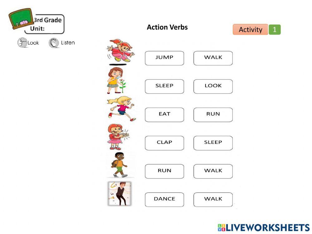 Action verbs online exercise for 3rd Live Worksheets