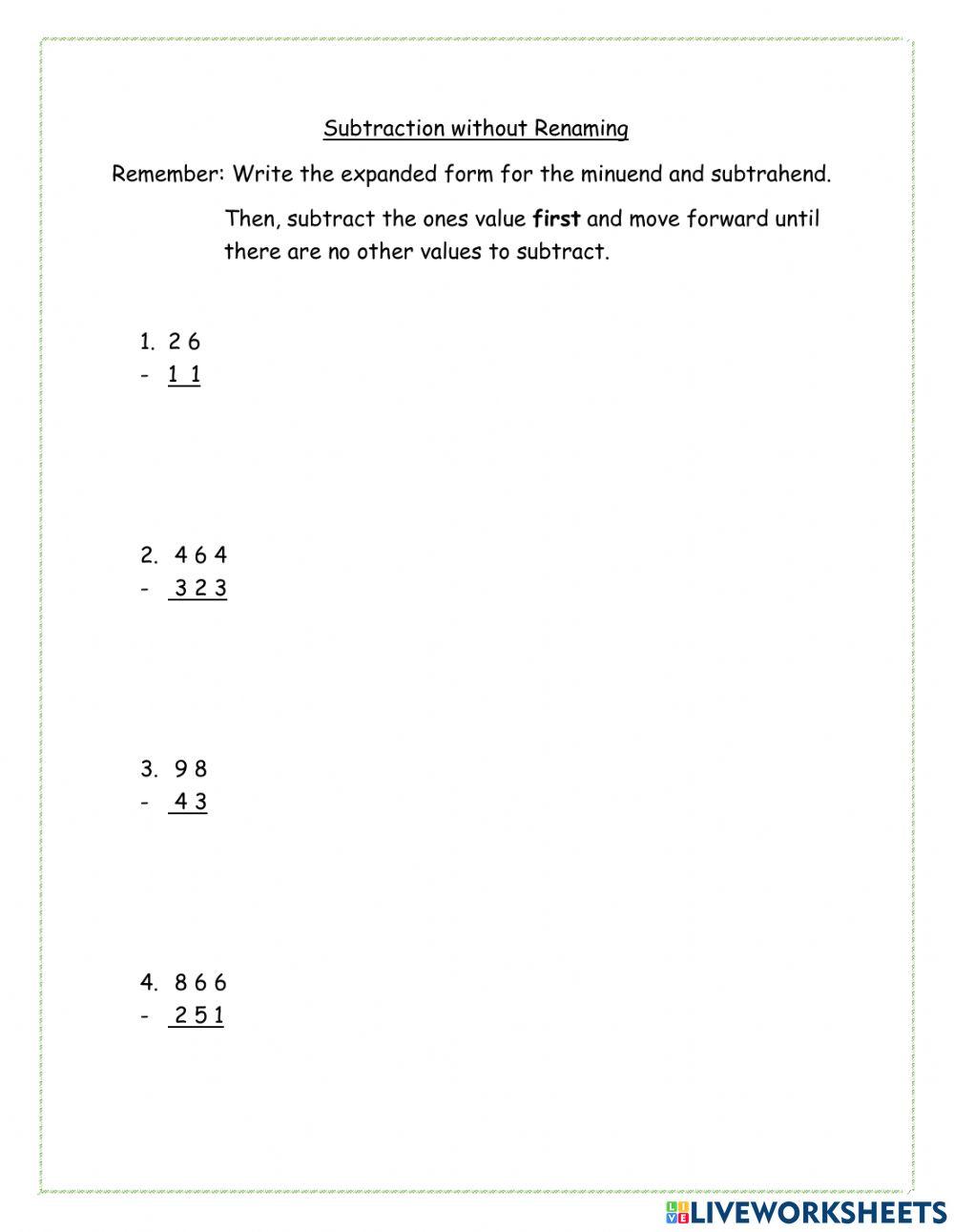Subtraction without Renaming | Live Worksheets