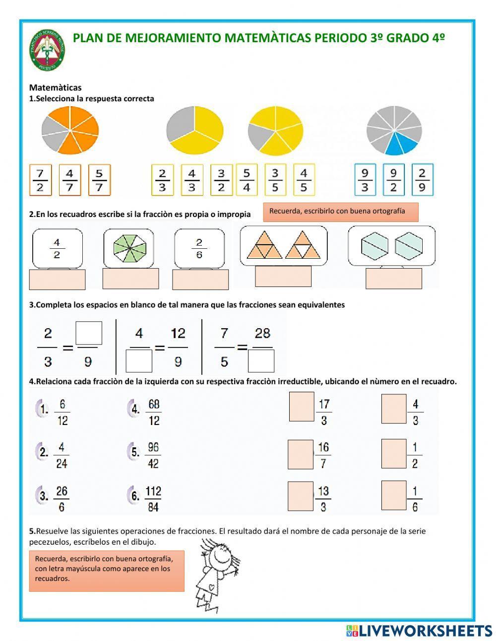 Plan de mejoramiento matemàticas periodo 3º grado 4º