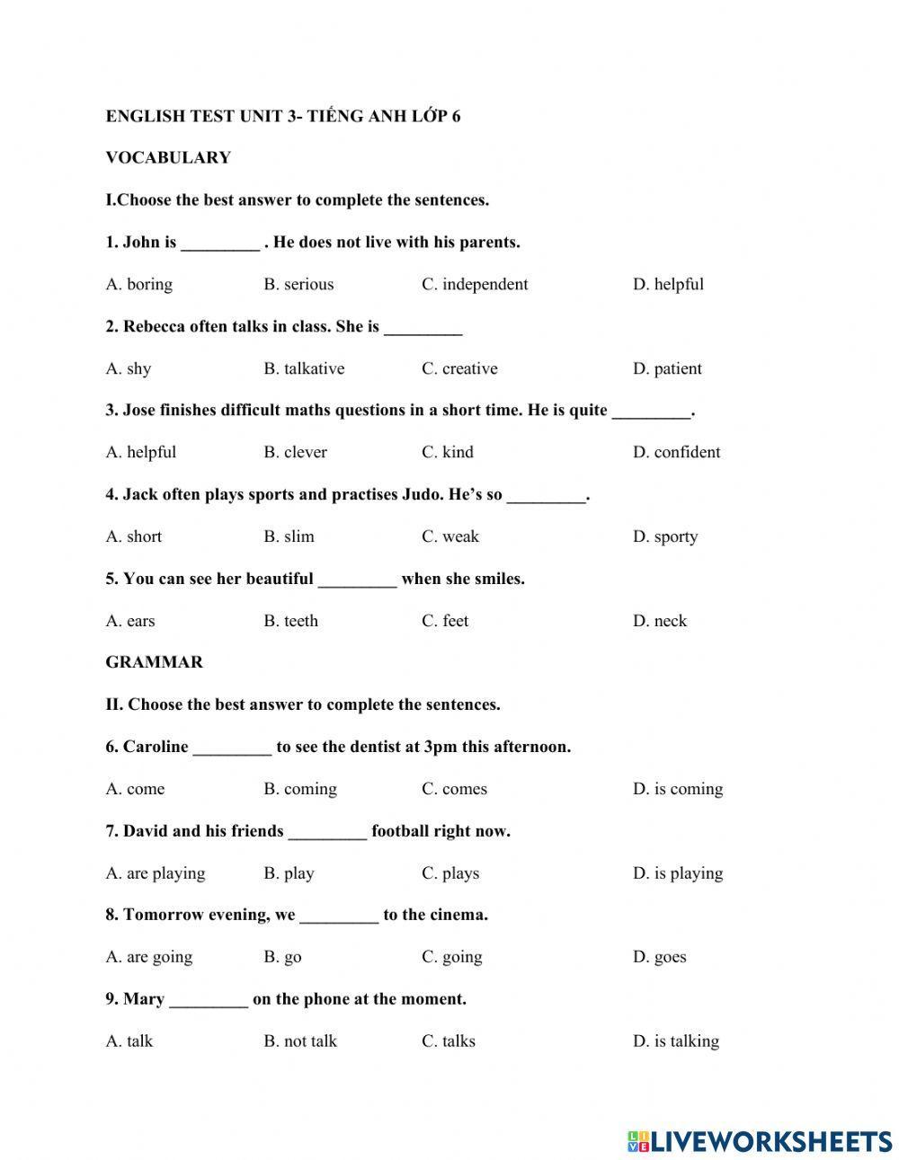 Test unit 3- ta lớp 6