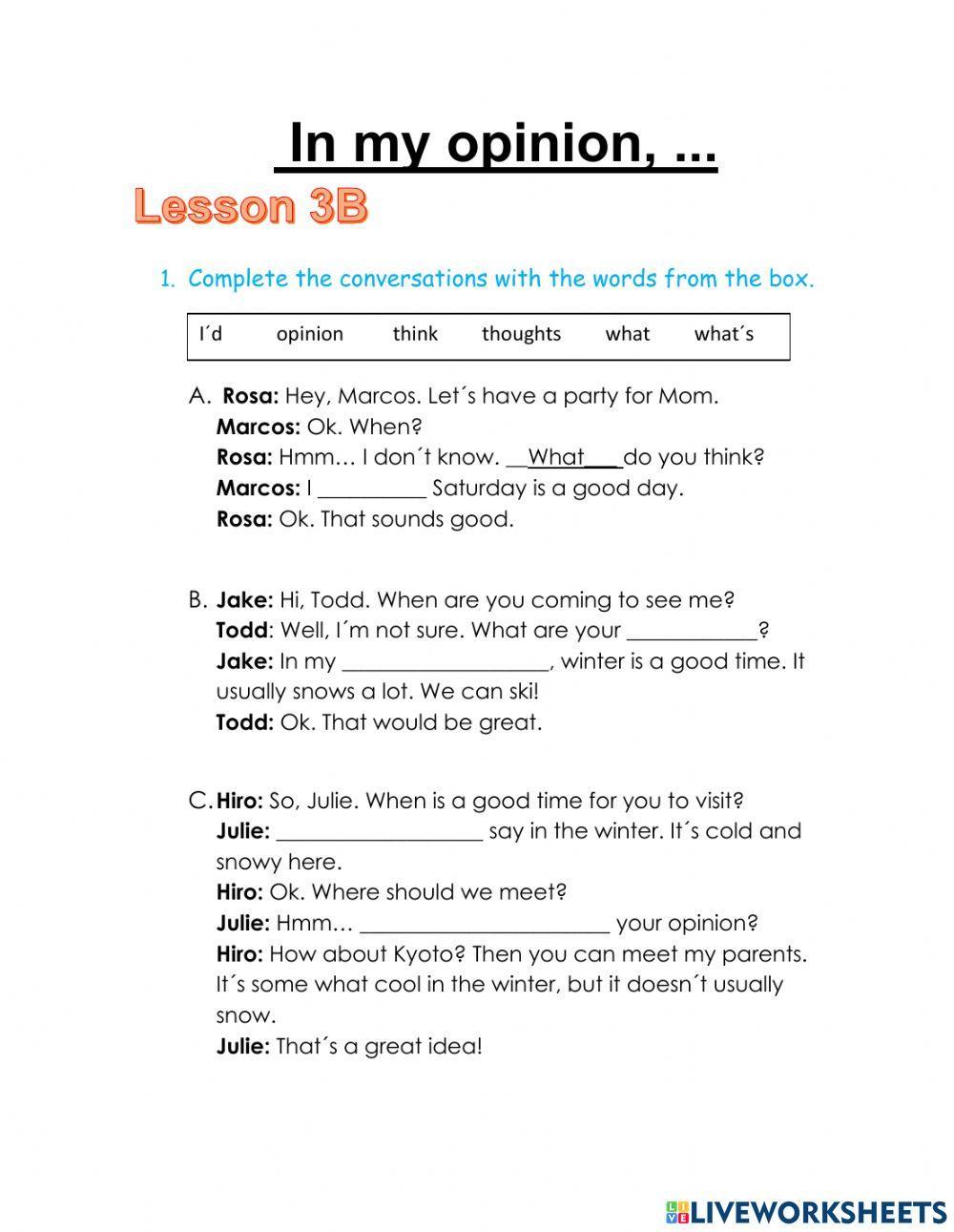 Opinion vocabulary worksheets