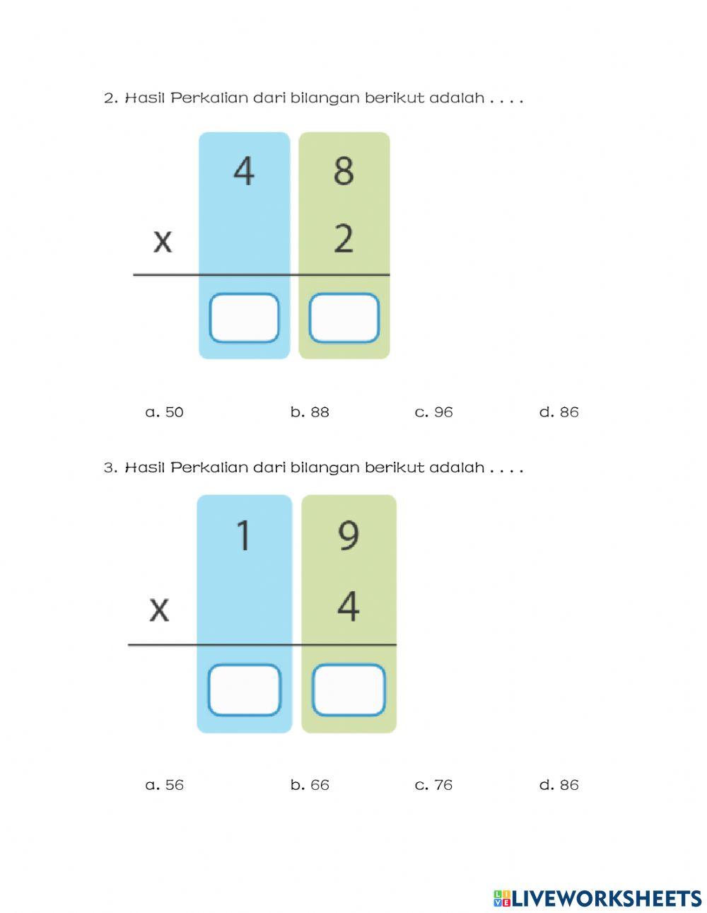 Perkalian dengan pengelompokan kembali Satuan & Puluhan