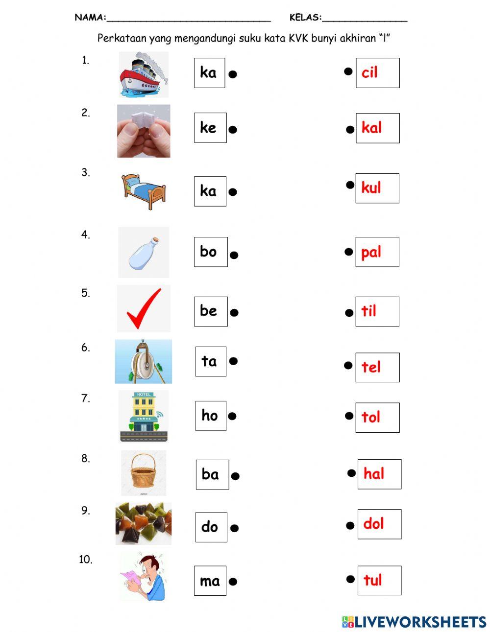Suku kata KVK akhiran -l- worksheet | Live Worksheets