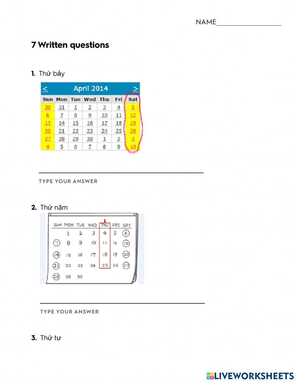 Vietnamese Days of the week