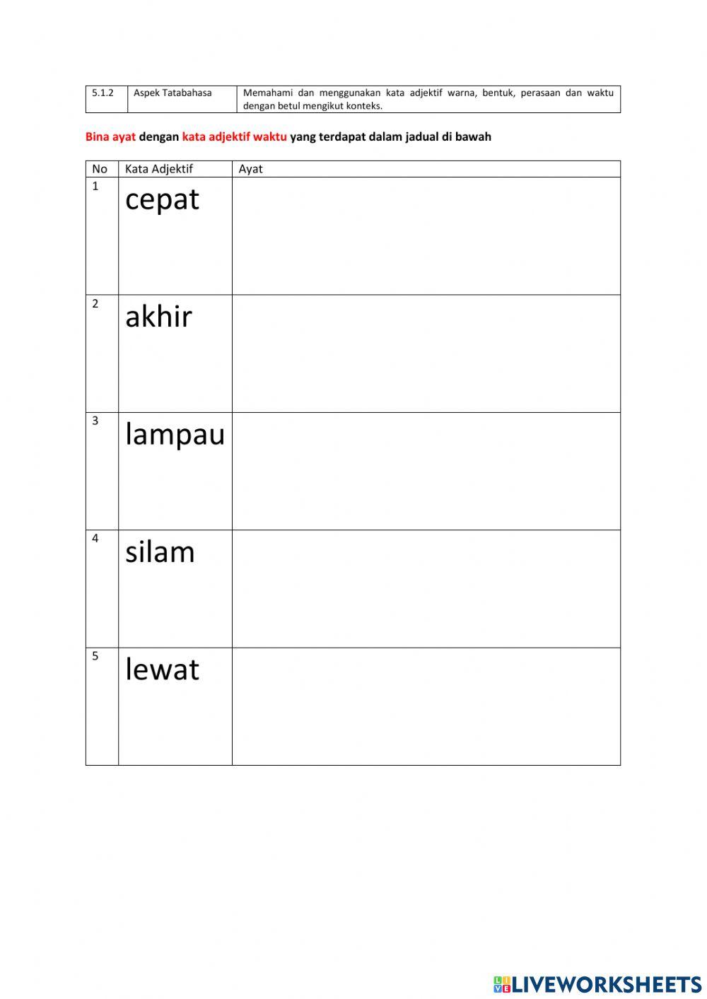 5.1.2 Bina Ayat Kata Adjektif Waktu