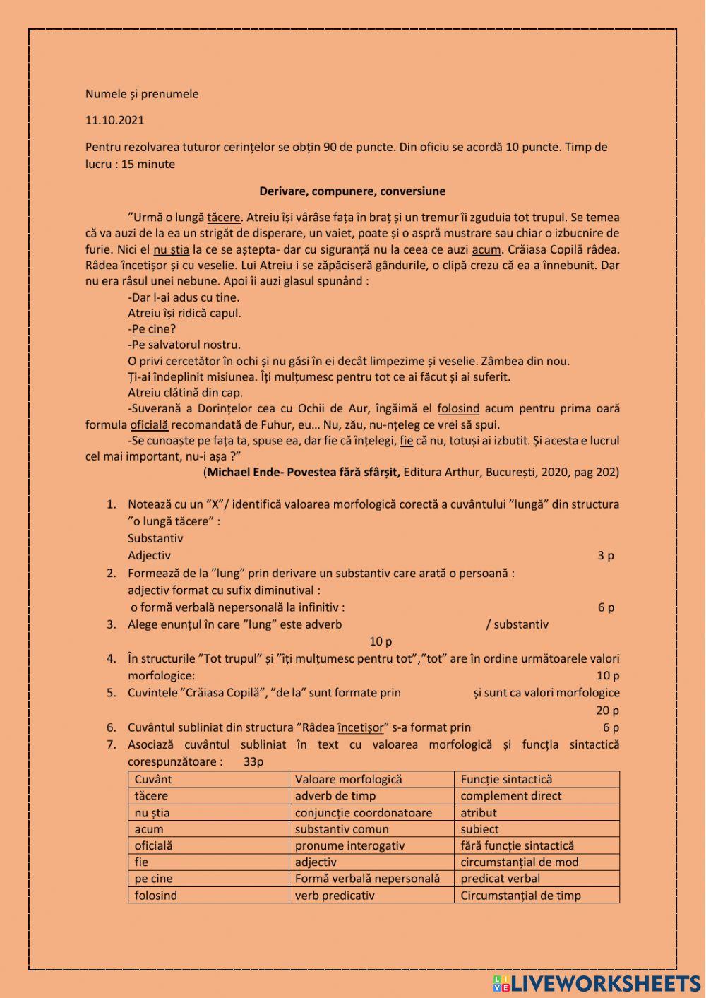 Fișă de lucru- mijloace interne de îmbogățire a vocabularului