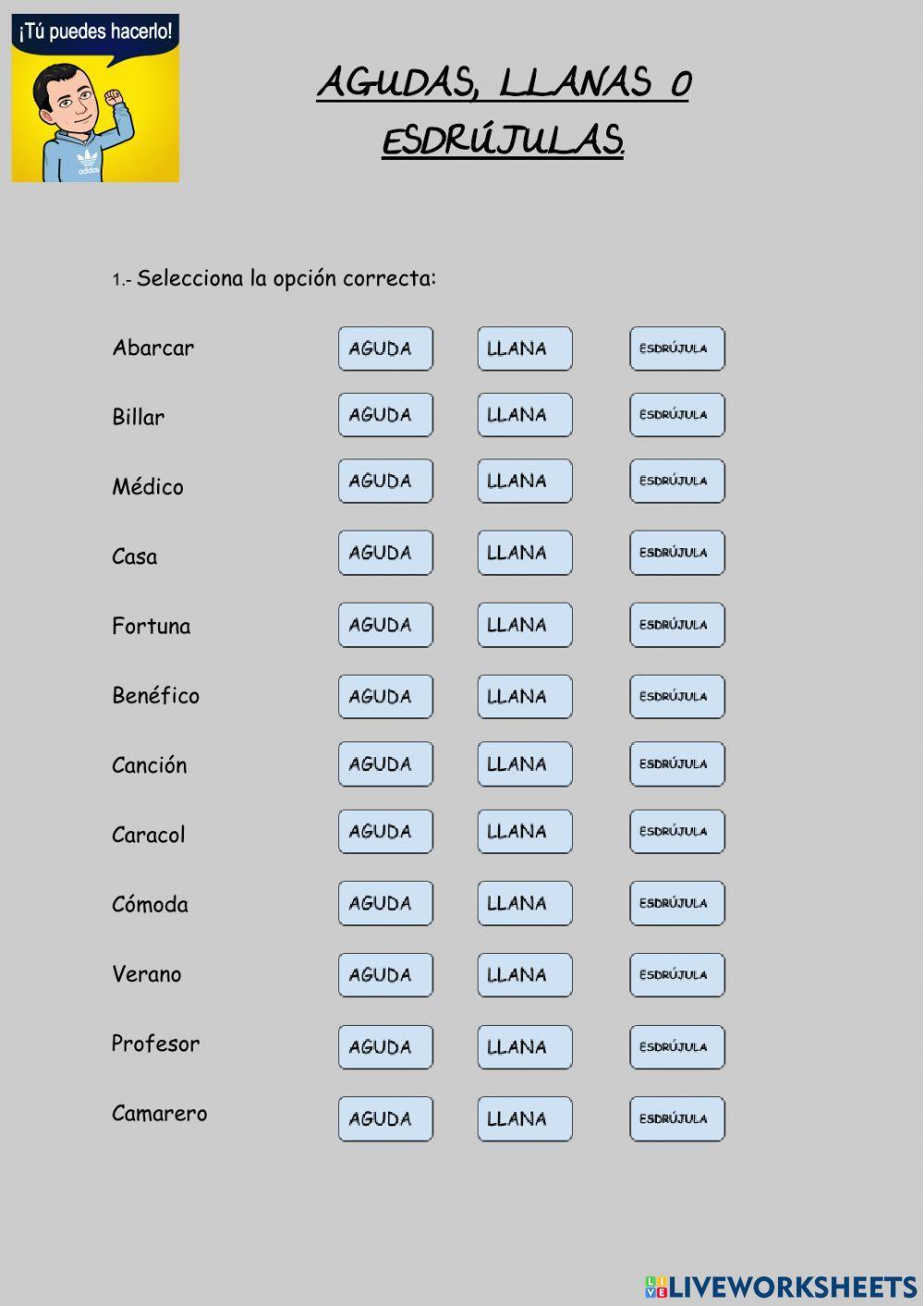 Agudas, llanas y esdrújulas Agudas, llanas y esdrújulas