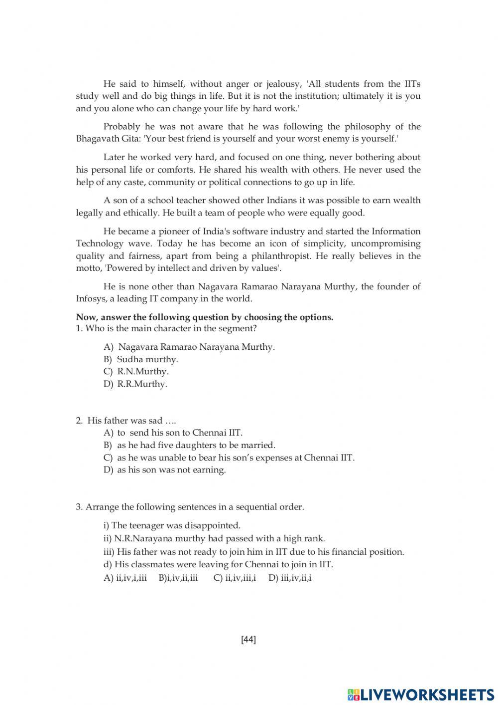 Live work sheet -10 Level-II, Class: 10th, Subject:English