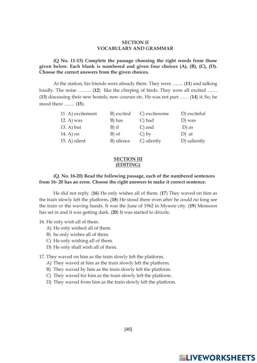 Live work sheet -10 Level-II, Class: 10th, Subject:English