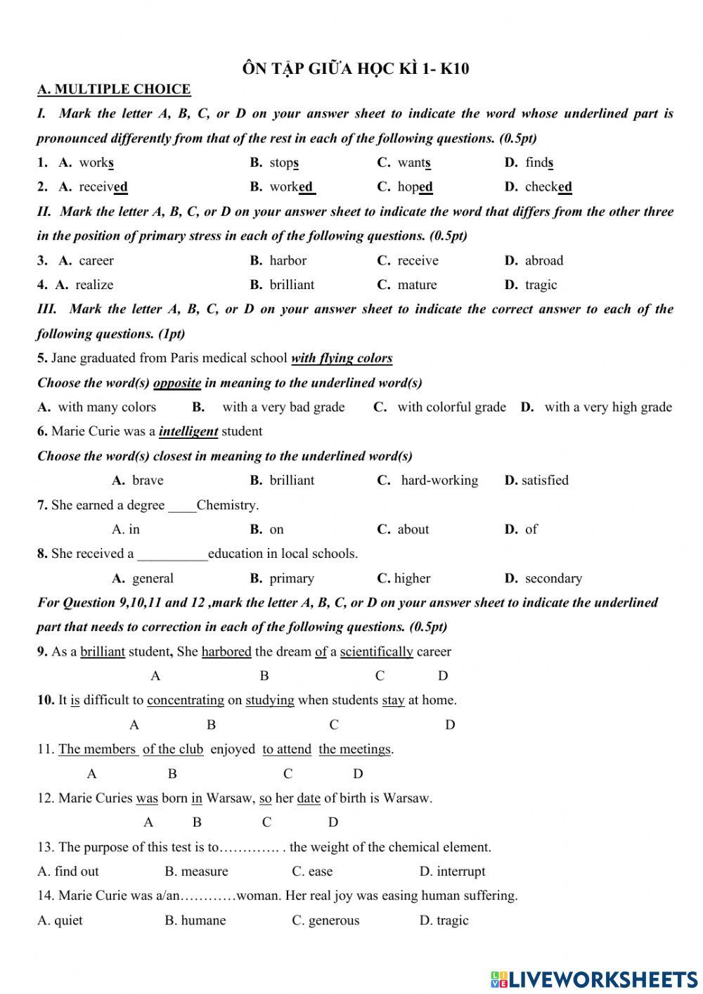 Ôn tâp giữa học kì 1 khối 10