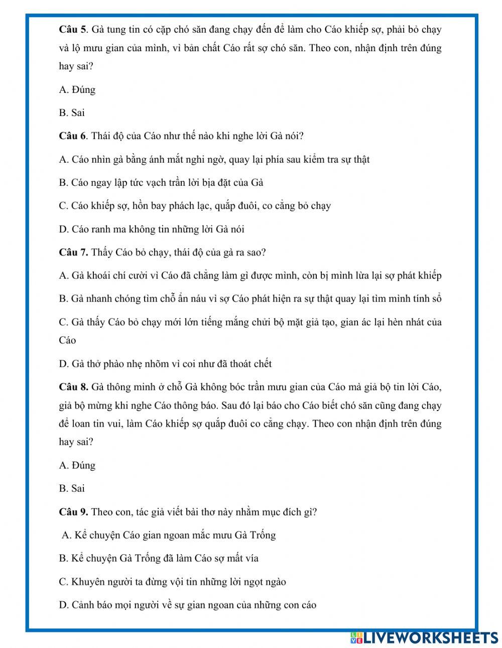 Truyện đọc Gà TRỐNG VÀ CÁO